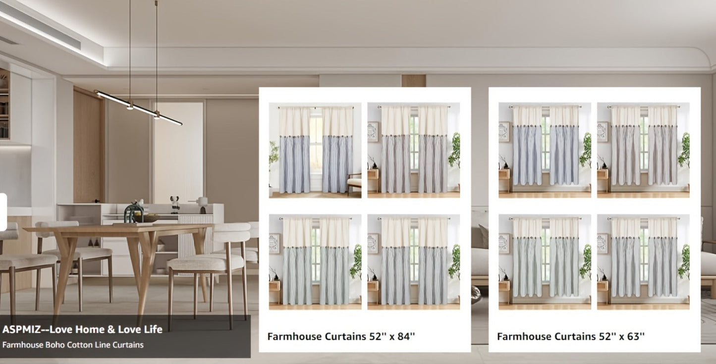 Semi Sheer Curtains Bohemian Linen Cotton Patchwork Grommet Top Window Drapes for Bedroom Living Room Kitchen Bathroom Cafe - Boho Country Cottage Style 4 Seasons 1 or 2 Panels