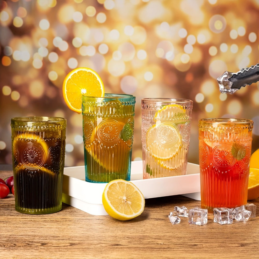 Vintage Embossed Drinking Glasses, Six-Piece 14-Ounce Tumbler Set in Six Gradient Colors for Table Settings