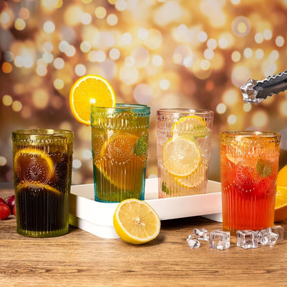 Vintage Embossed Drinking Glasses, Six-Piece 14-Ounce Tumbler Set in Six Gradient Colors for Table Settings