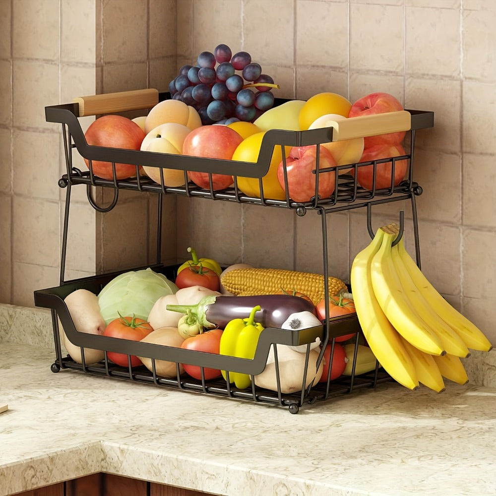 Two- or Three-Tier Black Wire Fruit Basket with Wood-Look Handle and Two Banana Hanger Hooks
