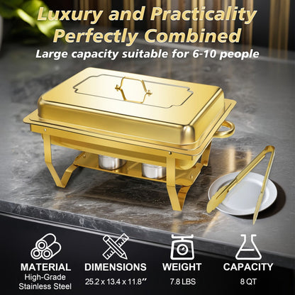 Chafing Dish Buffet Set 8QT Gold - Stainless Steel Food Warmer with Lid Foldable Stand & Golden Serving Tongs for Parties Weddings Catering Events, 1 or 4 Pack