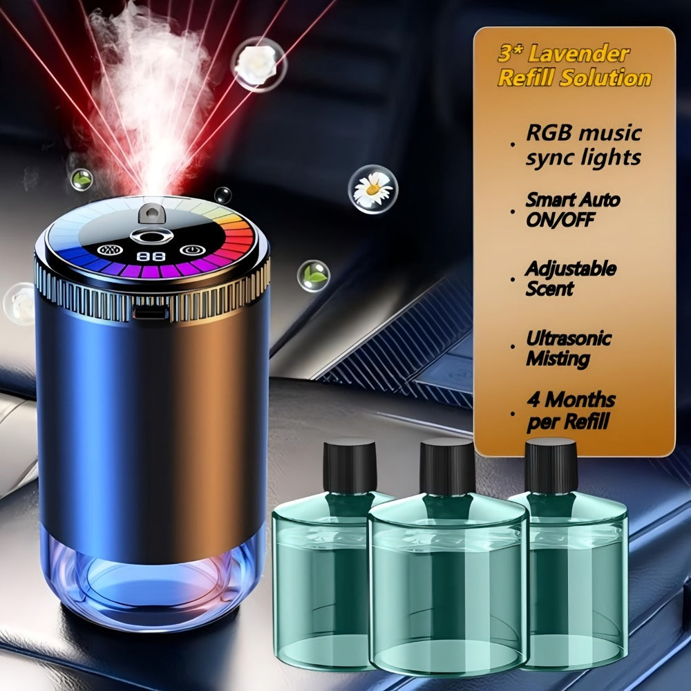 Car Aromatherapy Diffuser with Dynamic Light Show & Starry Sky Mode – Adjustable Scent Intensity, USB Rechargeable, Eliminates Odors, Gardenia, Lavender, Marine & Cologne Scents