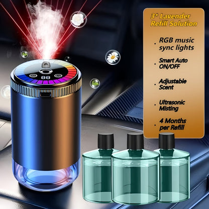 Car Aromatherapy Diffuser with Dynamic Light Show & Starry Sky Mode – Adjustable Scent Intensity, USB Rechargeable, Eliminates Odors, Gardenia, Lavender, Marine & Cologne Scents