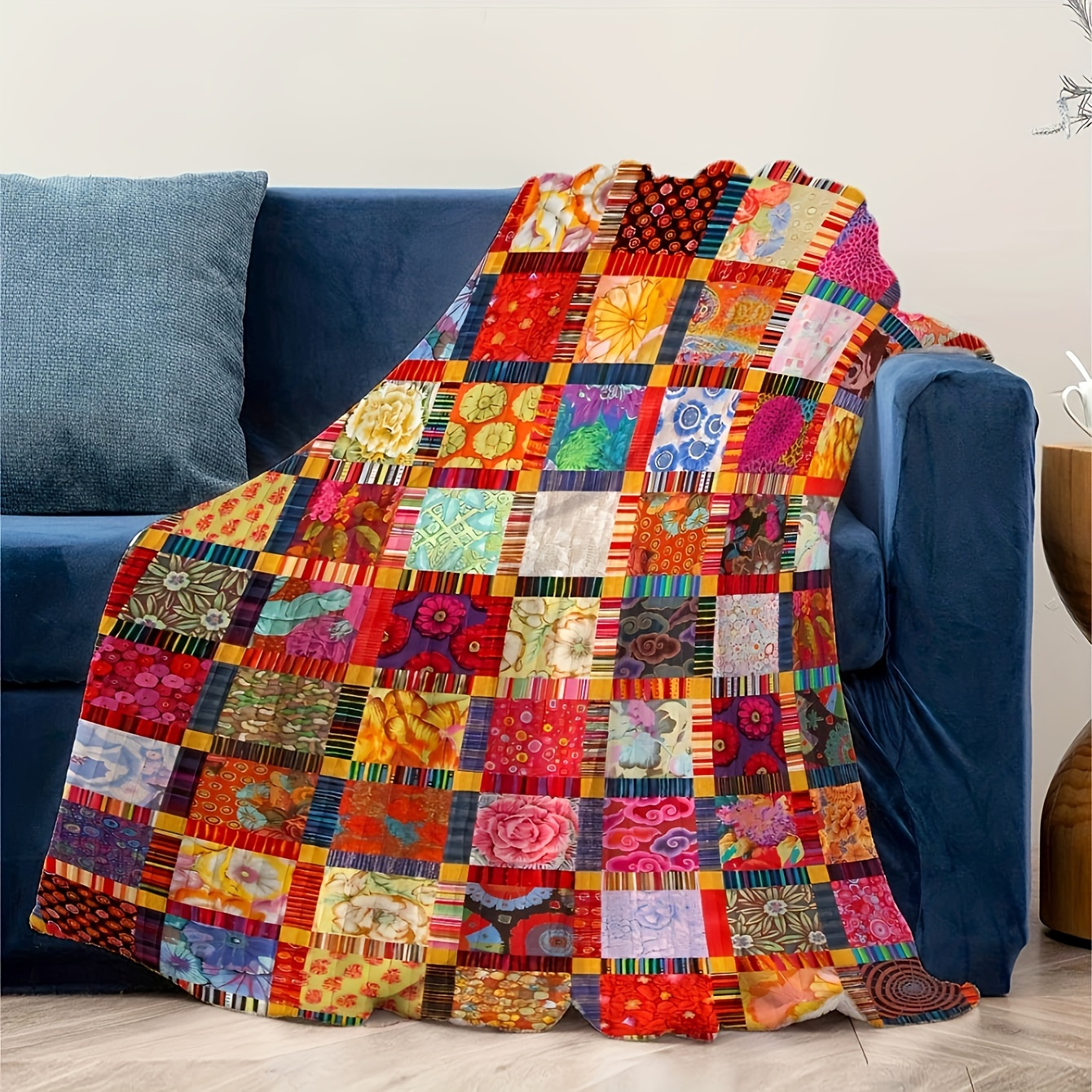 Multicolor Patchwork-Style Throw Blanket with Geometric Squares in Displayed 60 x 80-Inch Size for Sofa or Bed