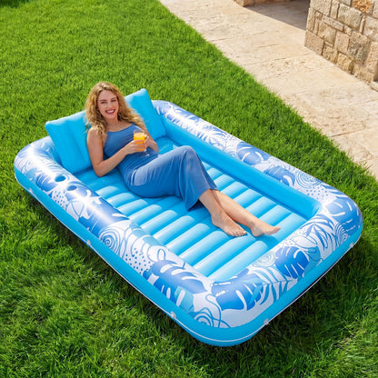 85 x 57-Inch Inflatable Pool Float Tanning Bed in Blue with Open Center, Ribbed Base and Raised Pillow