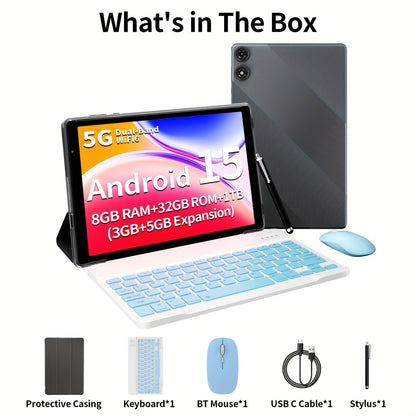 Android Tablet 10.1-Inch 2-in-1 with Android 15, 8GB Total RAM, 32GB Internal Storage and Keyboard Sets