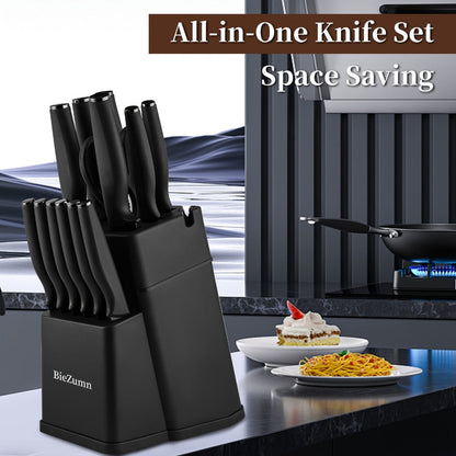 Black Kitchen Knife Set with Three-Piece or 14-Piece Options, Storage Block and Scissors on Larger Package