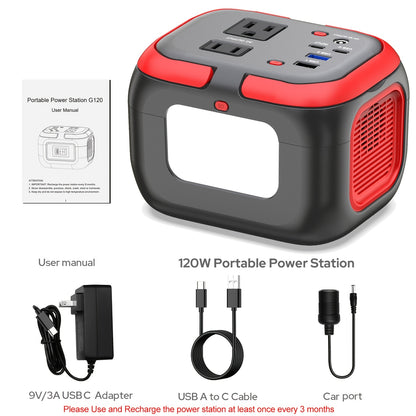Portable Power Station 97.68Wh 120W with Six Outputs, AC Outlet, USB-C and LED Work Light for Camping