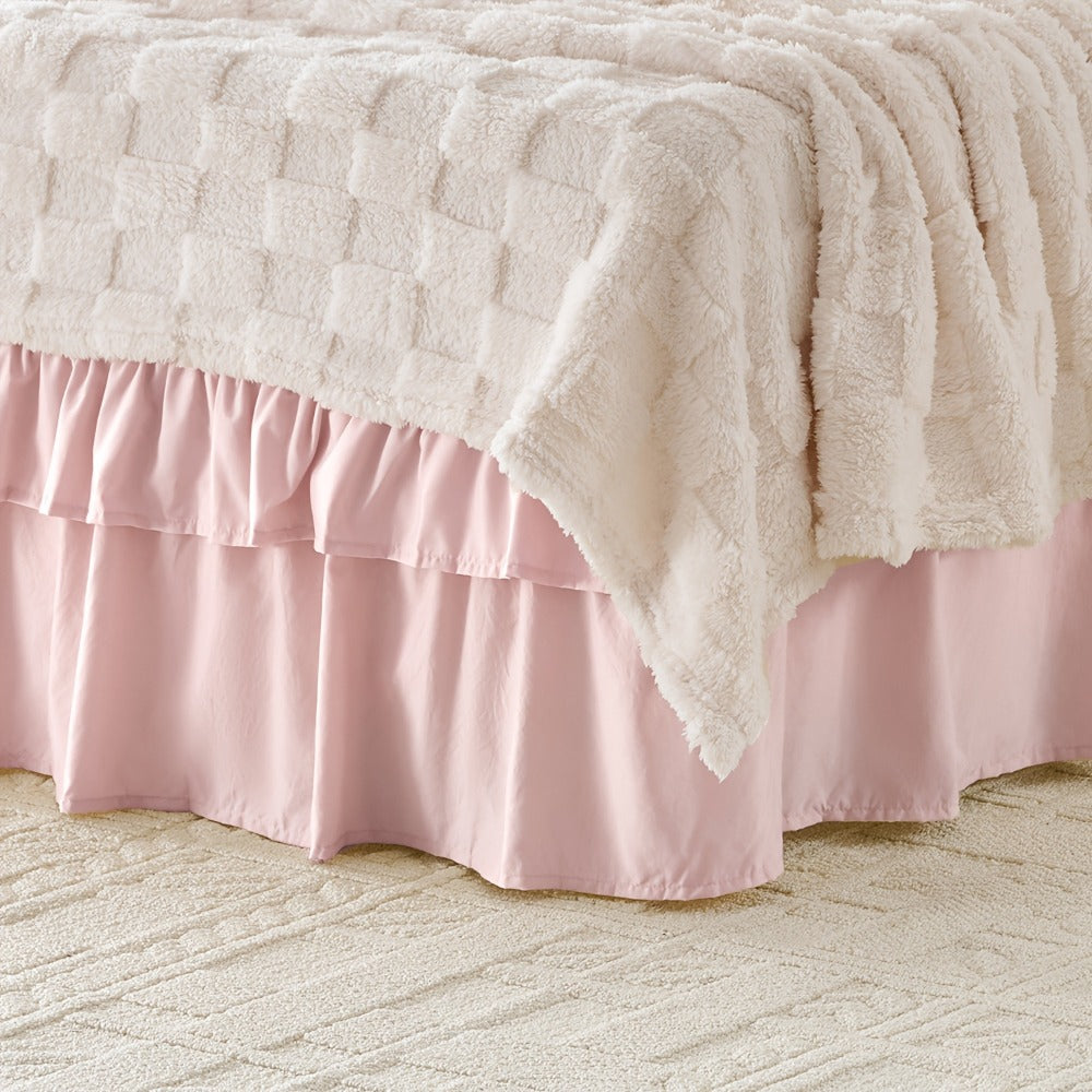 Double Ruffle Bed Skirt 16" Drop | Elastic Wrap Around Dust Ruffle for Twin Full Queen King Bed | Easy Install Machine Washable Soft Linen Poly Blend Bedskirt