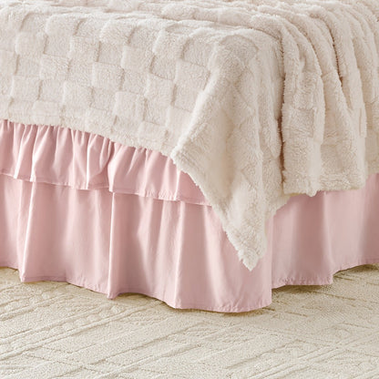 Double Ruffle Bed Skirt 16" Drop | Elastic Wrap Around Dust Ruffle for Twin Full Queen King Bed | Easy Install Machine Washable Soft Linen Poly Blend Bedskirt