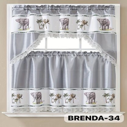 Three-Piece Patterned Kitchen Curtain Set with One Valance, Two Tiers and Forty-Six Exact Design Options