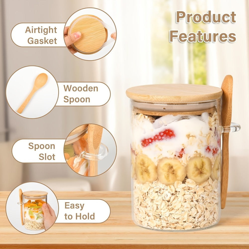 Overnight Oats Jars with Bamboo Lids & Spoons, 500ml Glass Meal Prep Containers, Dessert Bowl Set for Chia Pudding