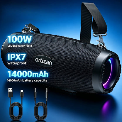 Bluetooth Speaker Ortizan 100W Boombox with 14000mAh Battery, IPX7 Rating, RGB Lights, USB and Carry Strap