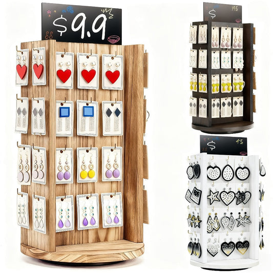 Jewelry Organizer Rotating White Display Tower with 40 Hooks and Top Sign Panel for Countertop Use