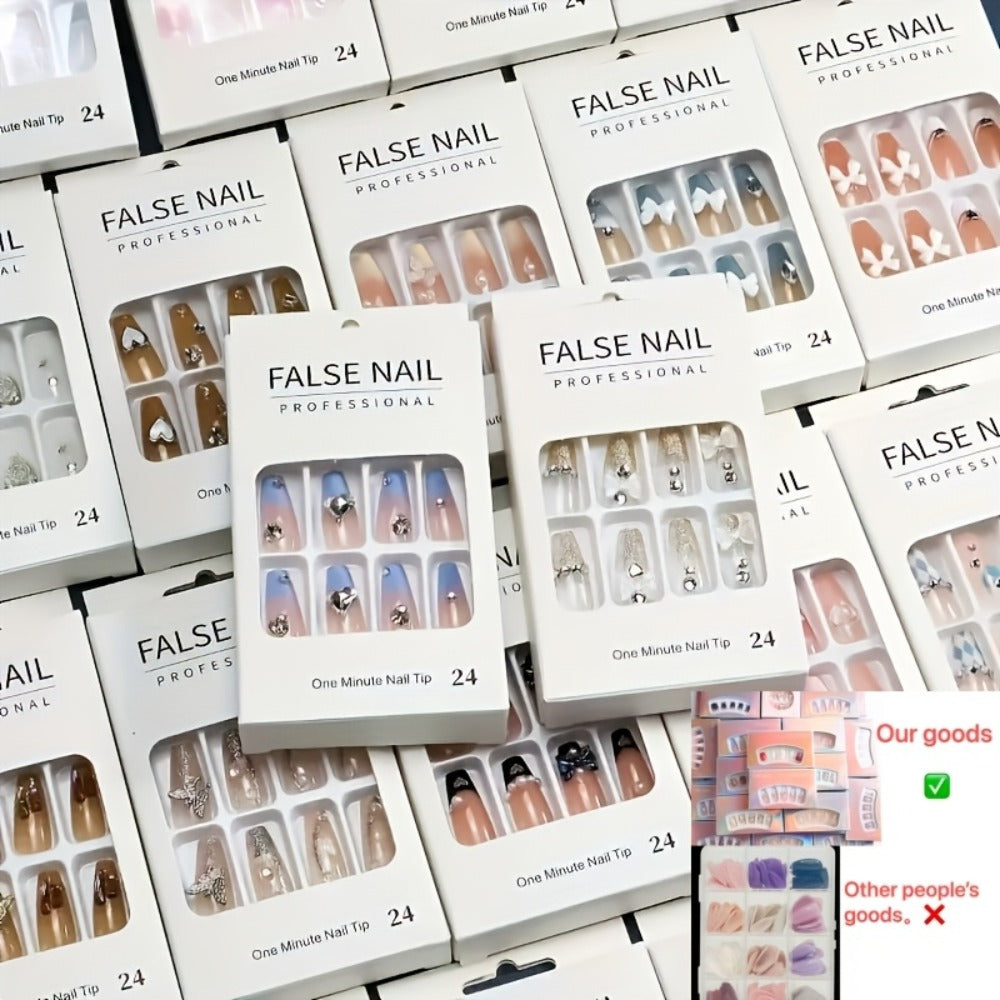 288pcs Press On Nails Mixed Color Square – White French Stripes Brown Blue Purple Gradient Glitter Heart Leaf Matte Reusable Fake Nails | Holiday Manicure Kit for Women | Valentine Christmas Easter