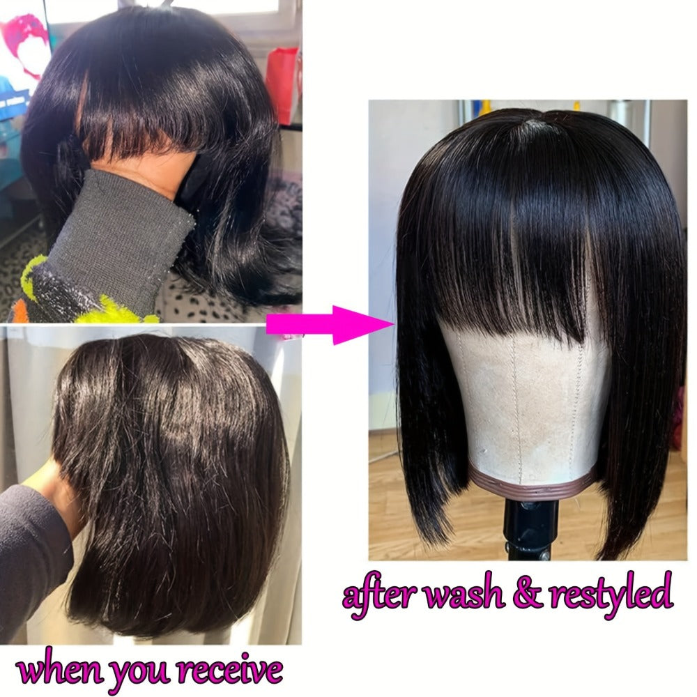 Straight Bob Human Hair Wig with Full Bangs, 250% Density, Rose Net Cap and 10-18 Inch Lengths
