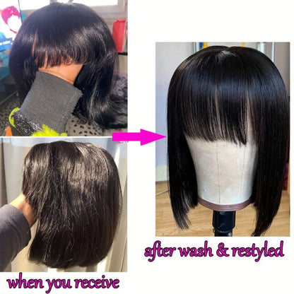 Straight Bob Human Hair Wig with Full Bangs, 250% Density, Rose Net Cap and 10-18 Inch Lengths