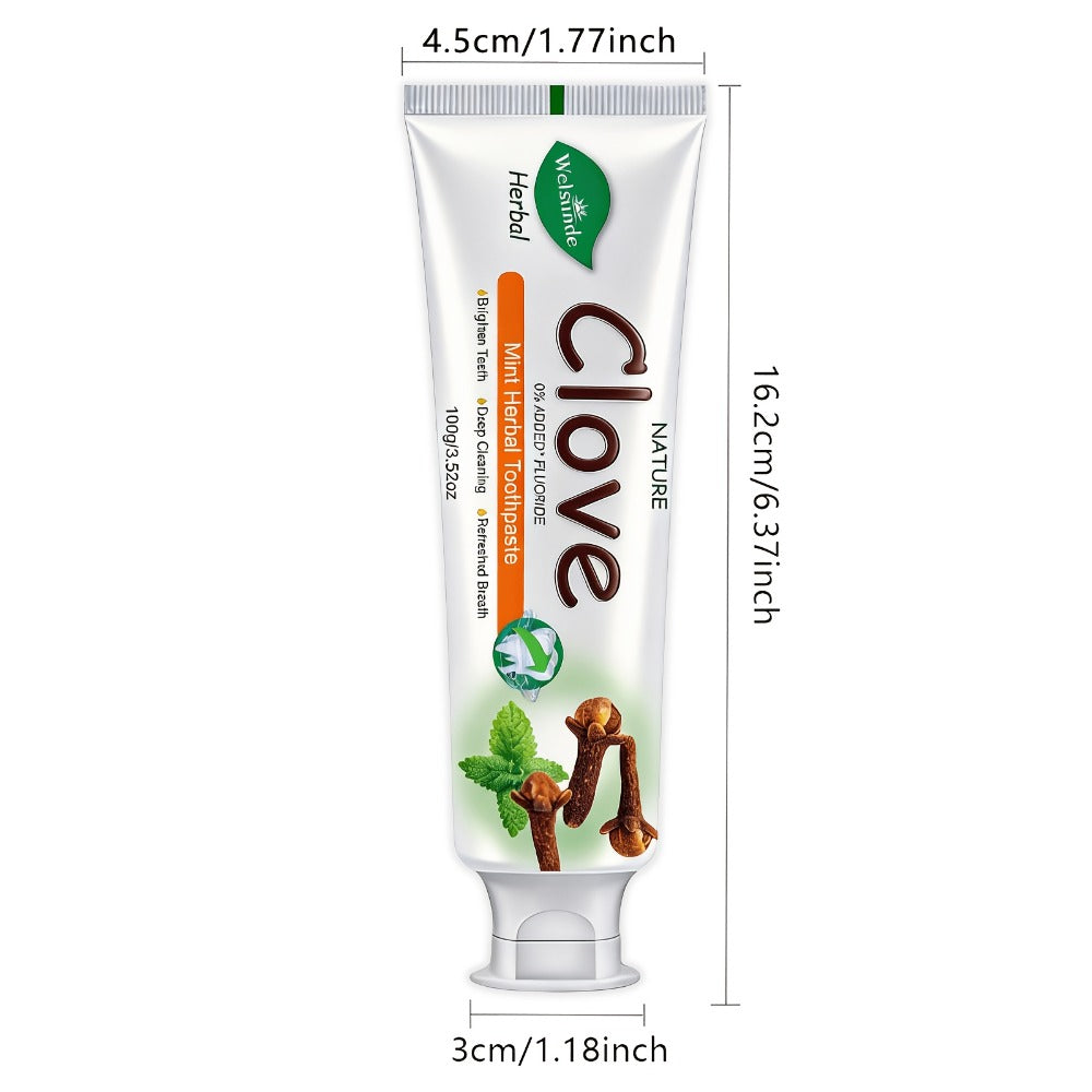 100g Mint and Clove Herbal Toothpaste Tube with Flip-Top Cap, Front-Label Ingredients and One-Piece Pack