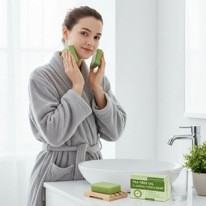 Tea Tree Bar Soap, Three-Pack of Green Plant-Essence-Labeled Bars for Face and Body Washing