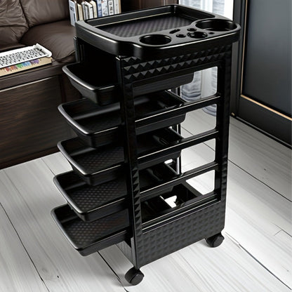 5-Drawer Salon Trolley Cart on Wheels - Professional ABS Rolling Beauty Storage Organizer for Hair Stylist Barber Spa Nail Tattoo Studio, 4 Swivel Casters, Stable Rack, Black