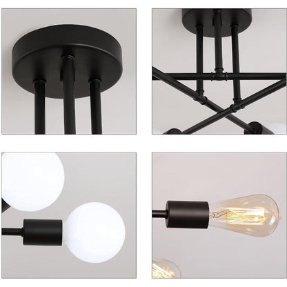 Sputnik Chandelier 6-Light Black Industrial Ceiling Light Fixture Semi Flush Mount for Bedroom Dining Room Living Room Kitchen