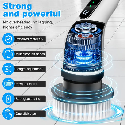 Electric Spin Scrubber with 7 Brush Heads & Adjustable Handle – Dual-Speed Cordless Power Scrubber for Bathroom, Tub, Tile, Floor & Shower Cleaning