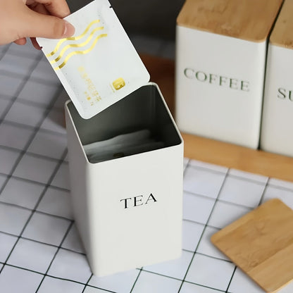 Three Rectangular Metal Canisters for Coffee, Tea and Sugar with Wood-Tone Lids in Black or White