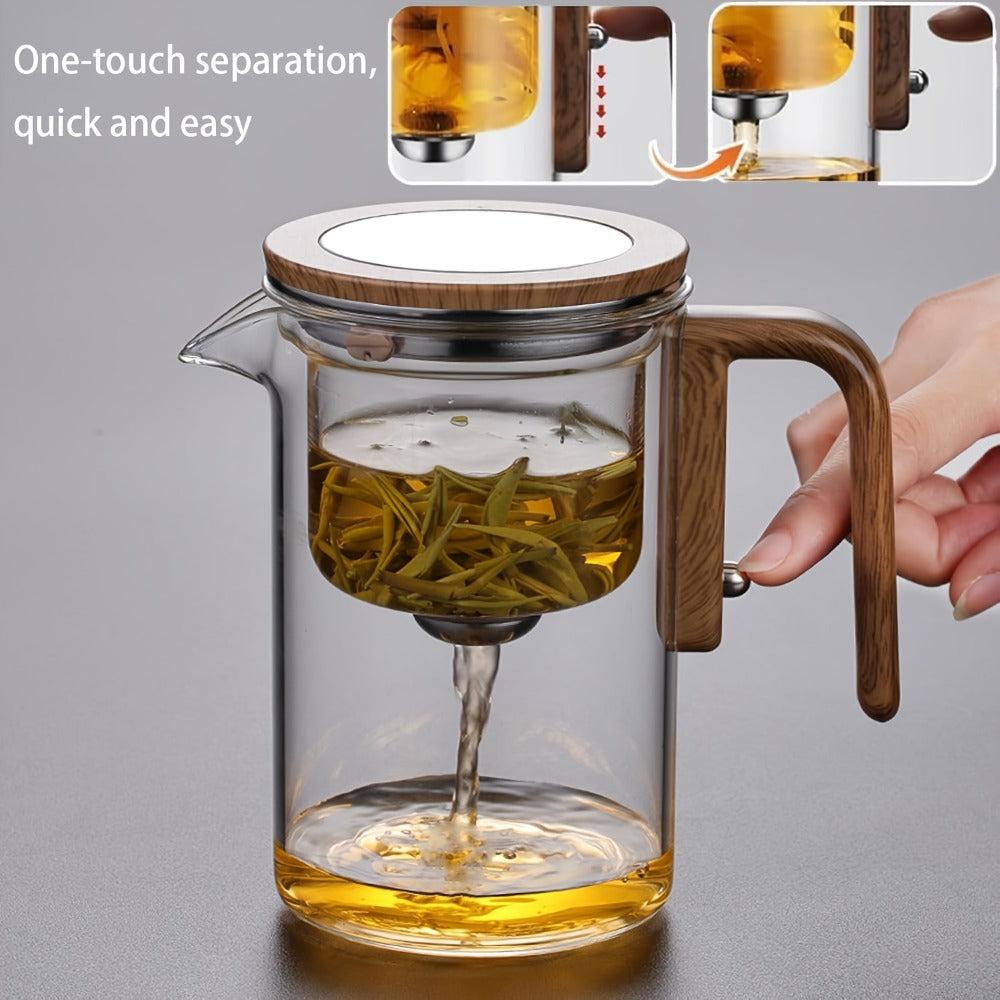 Twenty-Seven-Ounce Glass Teapot with Infuser, Wooden Handle and One-Button Tea Separation Design