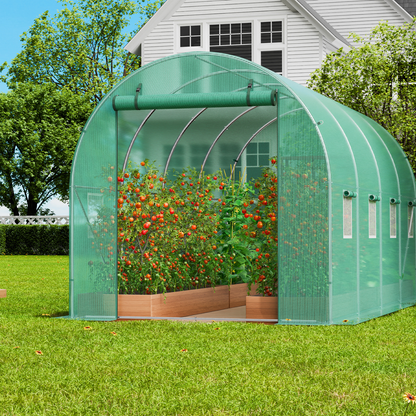 10- to 20-Foot Tunnel Greenhouse with Green Cover, Roll-Up Door and Size-Specific Vent Windows