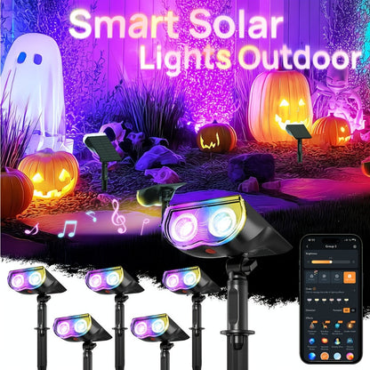 Solar Outdoor Spotlights RGB Smart Color Changing – App & Voice Control, Music Sync, 16M Colors, 14H Battery, Waterproof Landscape Accent Lights | 4 & 6 Pack