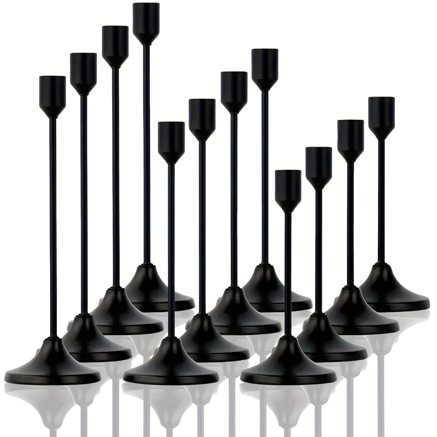 Candle Holder Set 12-Piece Metal Taper Stands in Three Heights with Gold, Silver or Black Finish Options