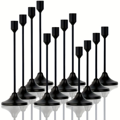 Candle Holder Set 12-Piece Metal Taper Stands in Three Heights with Gold, Silver or Black Finish Options