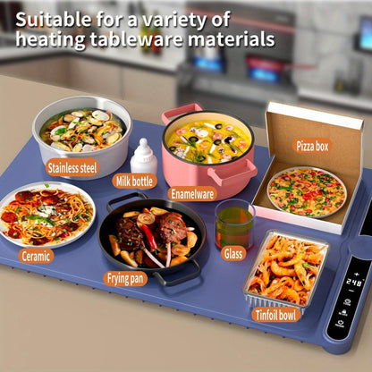 Electric Food Warming Mat with 6 Temperature Levels & 6-Hour Timer – Full Surface Roll-Up Heating Tray for Holiday Parties Buffets Dining Table Keeps Food Warm Blue Beige