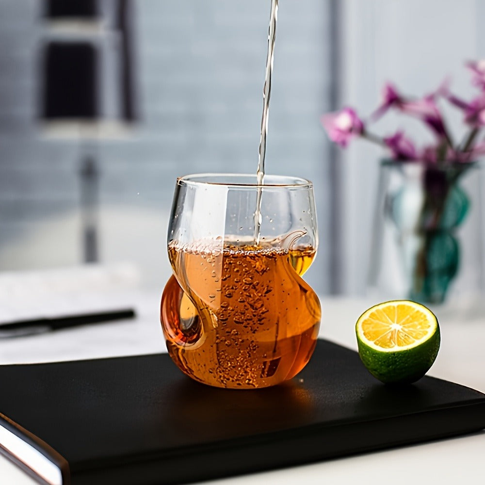 Curved Stemless Drinking Glasses, Two-Piece Clear Set with Sculpted Side Grips and 4.72-Inch Height
