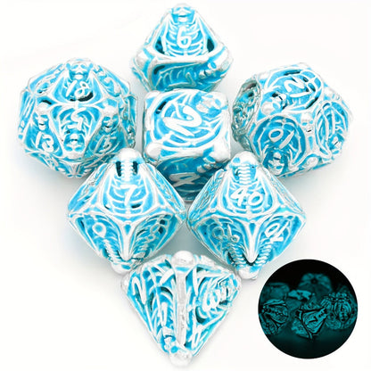 Metal Skull Dice Set 7pcs Glow in the Dark – Hollow UV Fluorescent Polyhedral DnD RPG Dice for Dungeon Masters, Skeleton Design Blue, Tabletop Gamer Gift Halloween Christmas Birthday