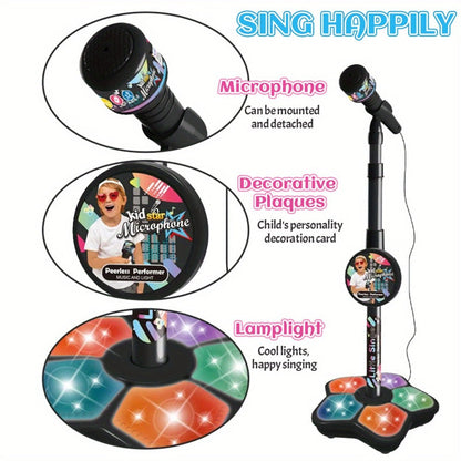 Kids Karaoke Microphone with Stand & Amplifier – Singing Toy for Girls Boys Age 3+, Random Print Design, Birthday Gift, Blue / Black / Pink