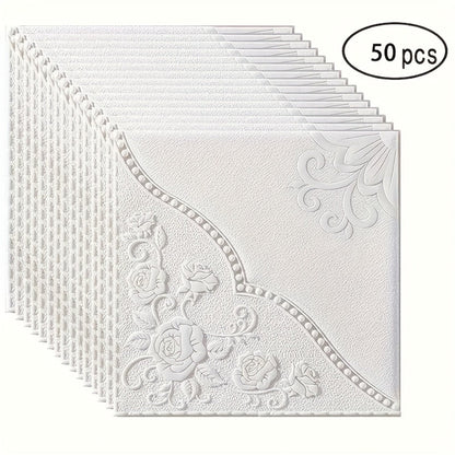 Fifty-Piece Embossed Floral-Curve Wall Tile Sticker Set with 35 cm Square Panels in Four Colors