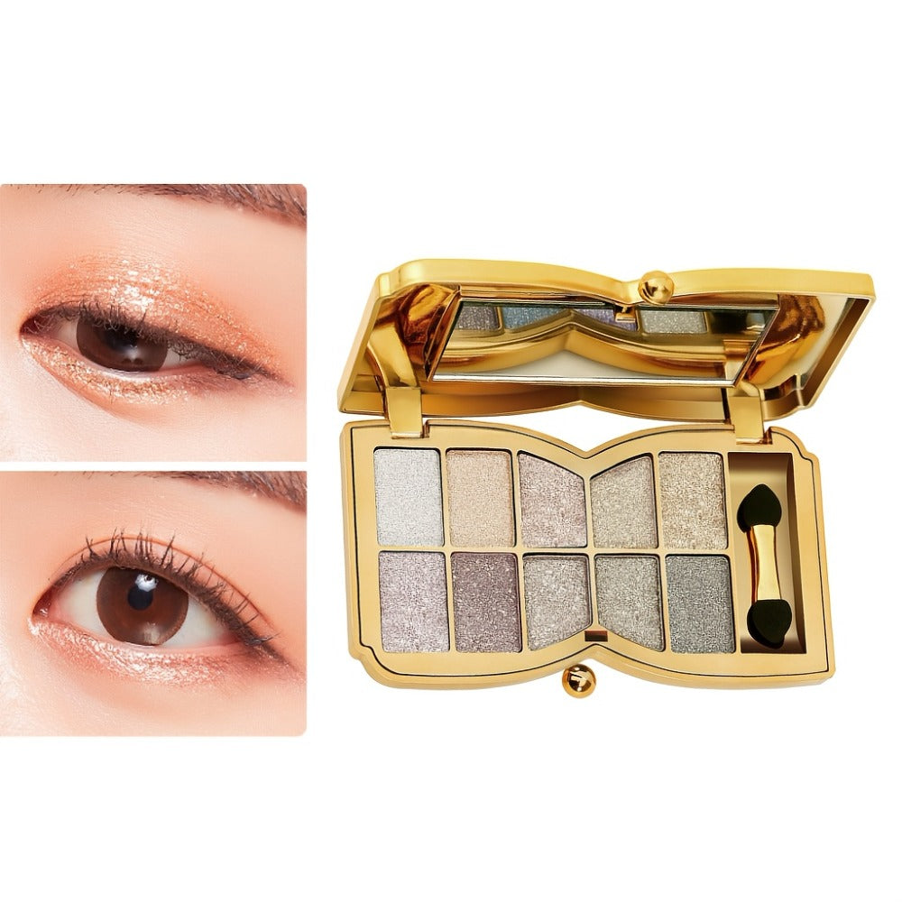 Eyeshadow Palette 10-Shade Gold Bow Compact with Mirror, Dual-Ended Applicator and Three Color Options