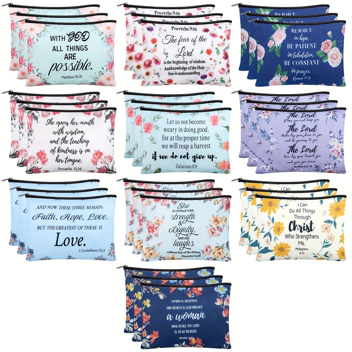 Thirty-Piece Bible Verse Makeup Bag Set with Mixed Printed Designs, 23 x 15cm Pouches and Black Zippers