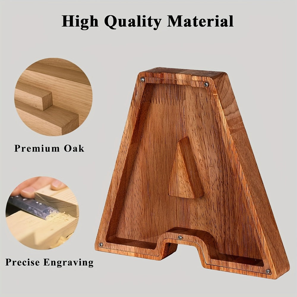 Wooden Alphabet Letter Coin Bank with Clear Front Panel and 23 Fixed Initial Options for Display