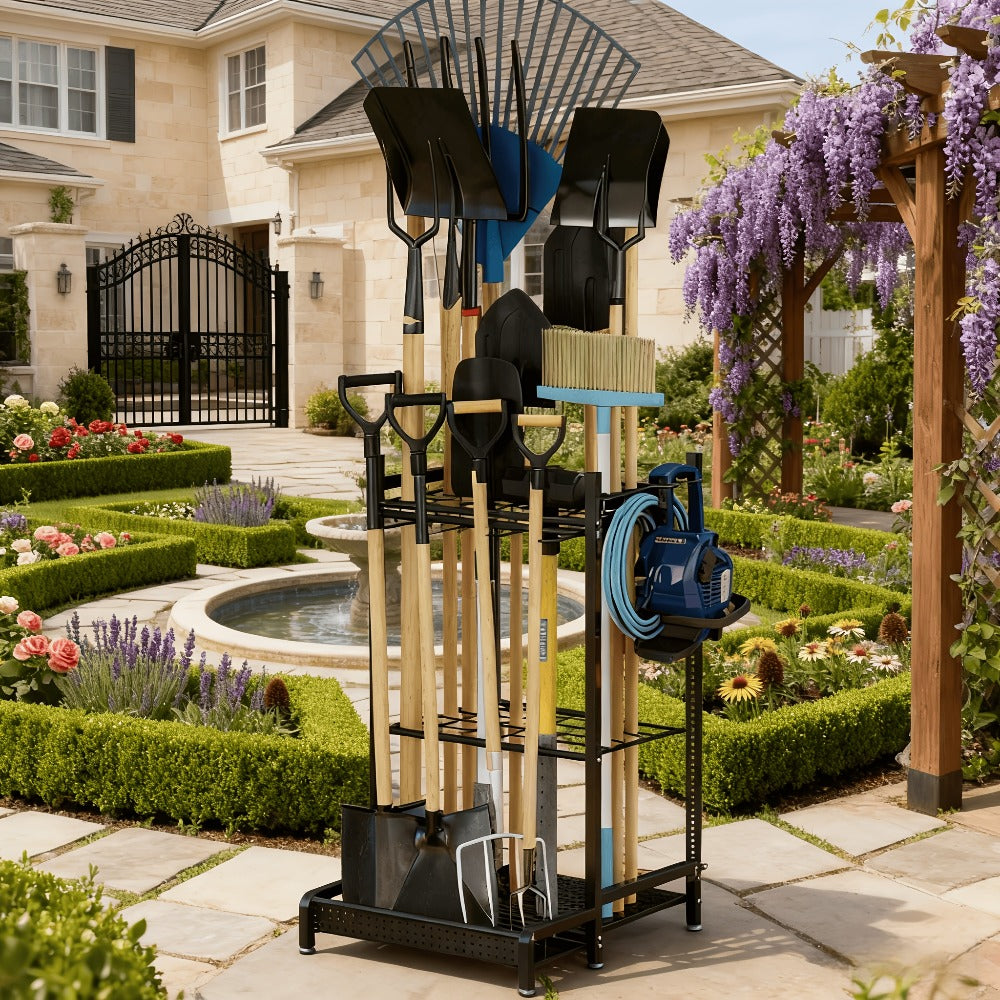 Garden Tool Organizer for Garage – Metal Yard Tool Storage Rack with Hooks & Wheels for Long-Handled Tools, Broom, Shovel, Rake, Mop – Heavy Duty Freestanding Tool Stand Holder, Black