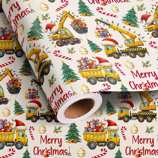 Christmas Wrapping Paper Construction Vehicles - Dump Trucks Excavators Tractors Gift Wrap for Boys Girls, 58"x23" Roll (28.5 Sq Ft)