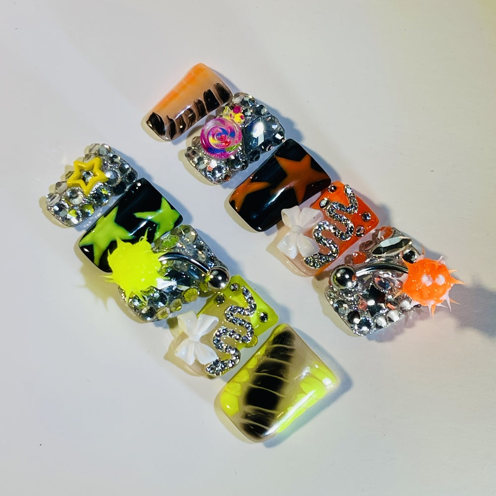 Press On Nails Handmade Y2K Duckbill Set with 3D Eye Barbell Star Rhinestone Charms and S M L Sizes