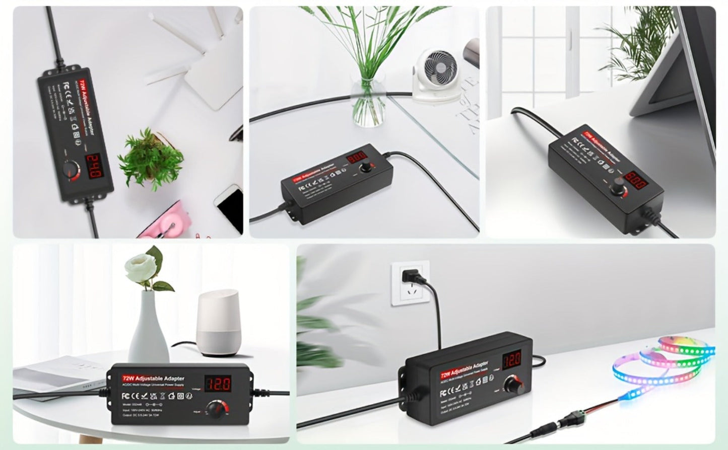 Adjustable 3–24V AC/DC Power Adapter with 72W Label, LCD Readout, Knob Control and Connector Set