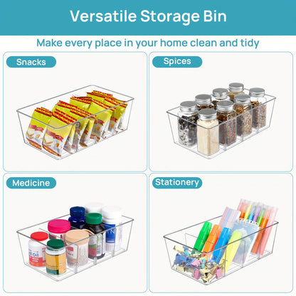 Clear Pantry Storage Bins Set of 8 with Dividers - Transparent Refrigerator Organizer Bins for Kitchen Cabinet, Pantry Organization, Snack Packet Spice Pouch Storage, 10.4" x 6.1" x 3.5"