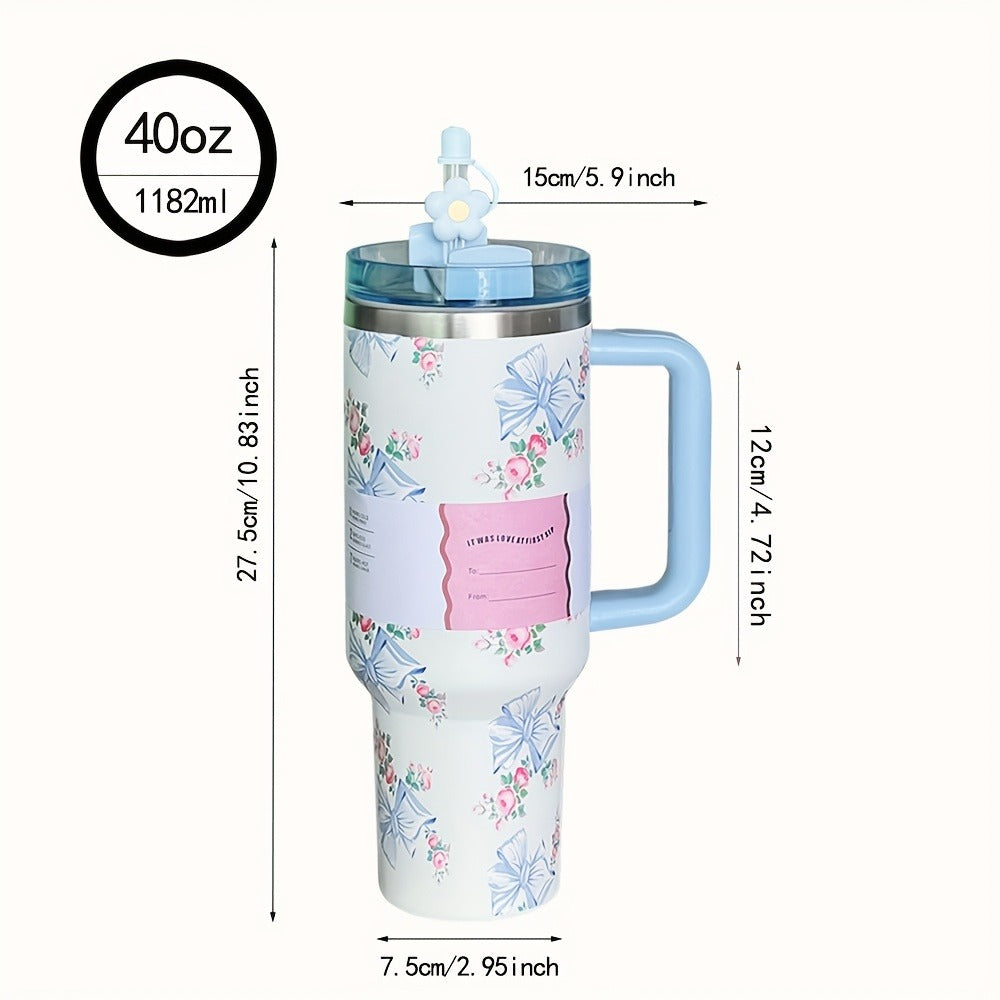40oz Floral Handled Tumbler with Straw Lid in White, Pink, Blue or Pink Butterfly Checkout Designs