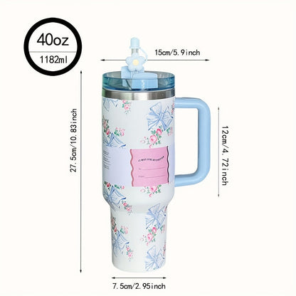 40oz Floral Handled Tumbler with Straw Lid in White, Pink, Blue or Pink Butterfly Checkout Designs