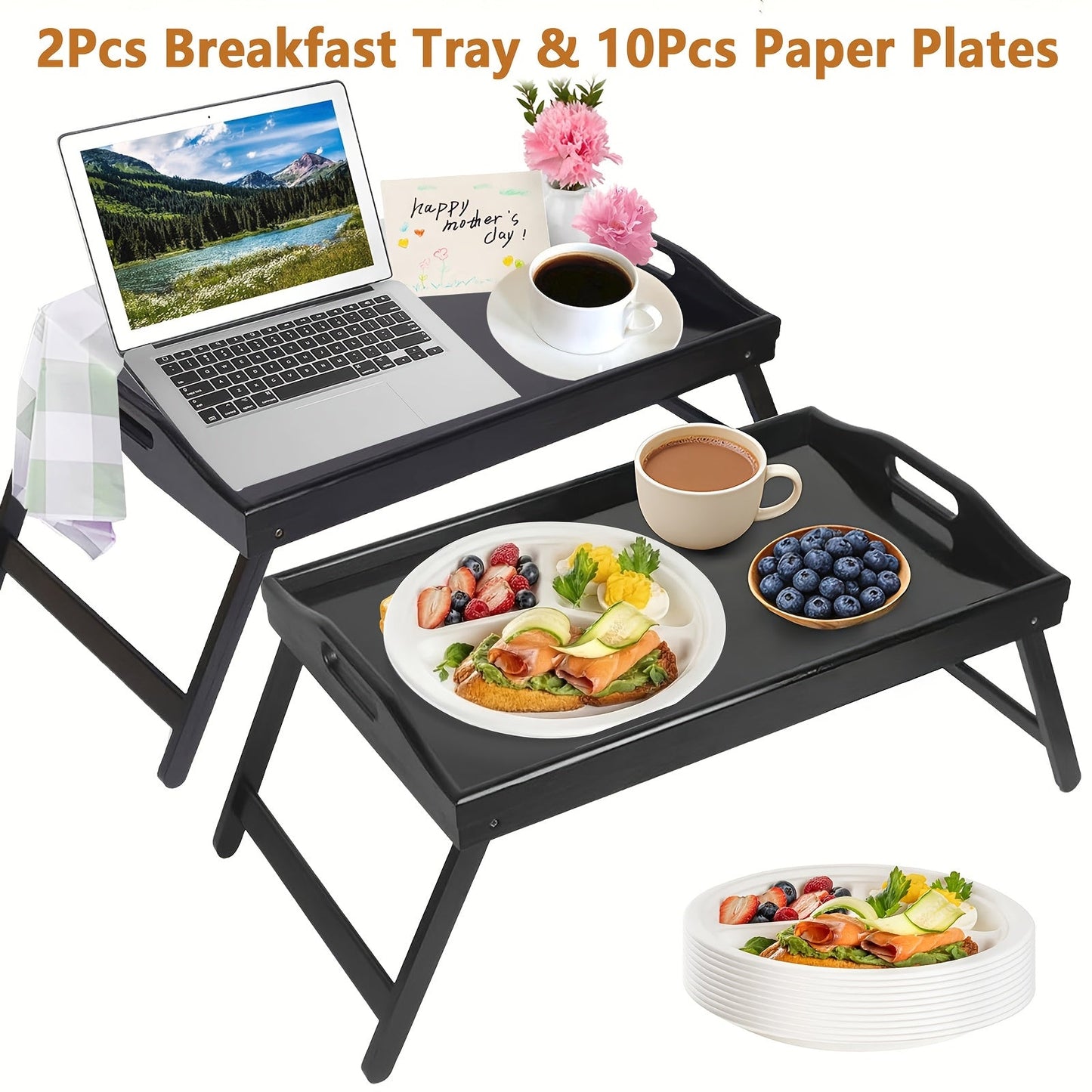 Bamboo Breakfast Tray with Folding Legs & Handles 2 Pack – Extra Wide Foldable Bed Tray Table for Eating, Working & Drawing on Sofa or Bed, Food-Safe Natural Bamboo with 10 Paper Plates