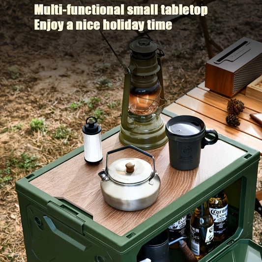 Outdoor Folding Table ABS 5-Door Storage Compartments Wooden Lid Portable Camping Table for Party, Travel, Picnic & Backyard Use