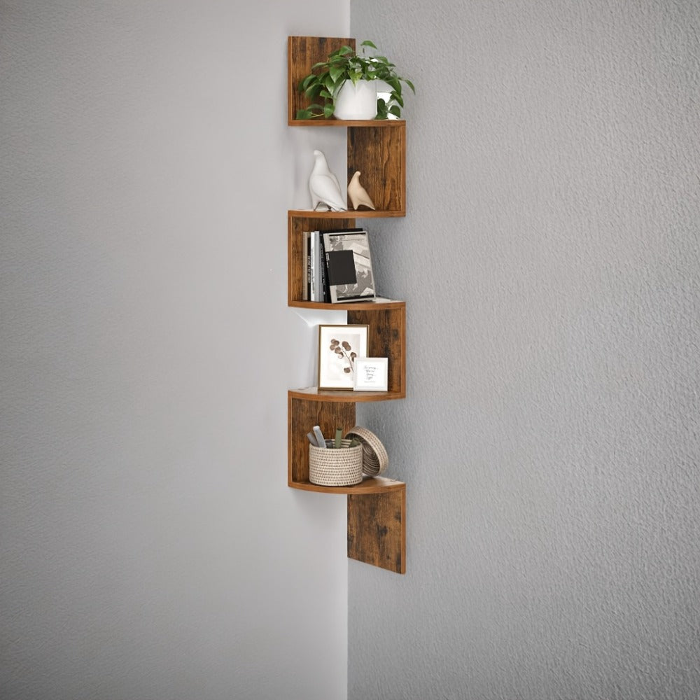 Corner Floating Shelf 5-Tier Wall Mount, Space Saving Storage Rack for Bedroom Living Room, Radial Display Organizer, Easy Install, 7.9"×7.9"×49.6", Black White Brown Greige Beige